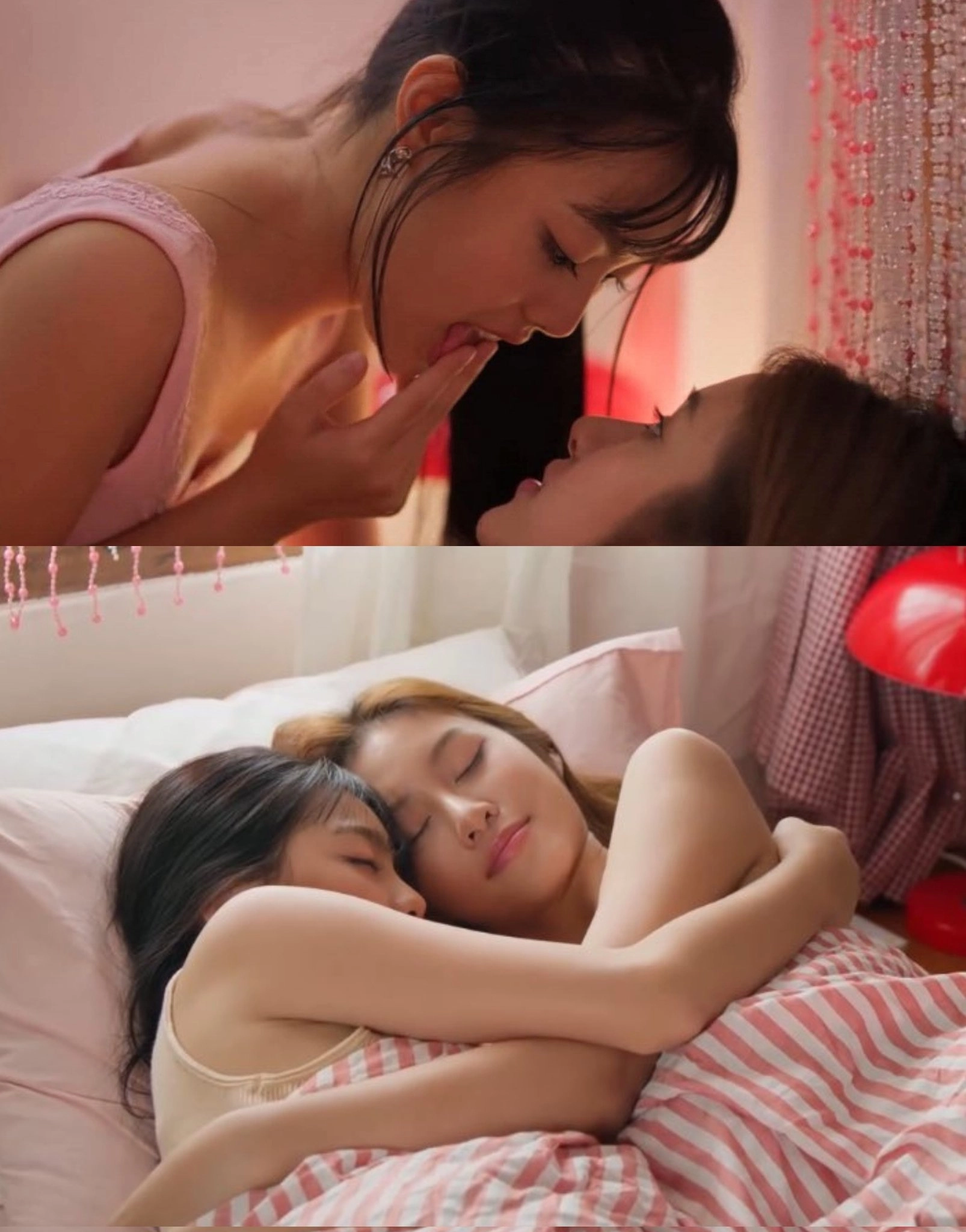 两个女孩在床上抱着。