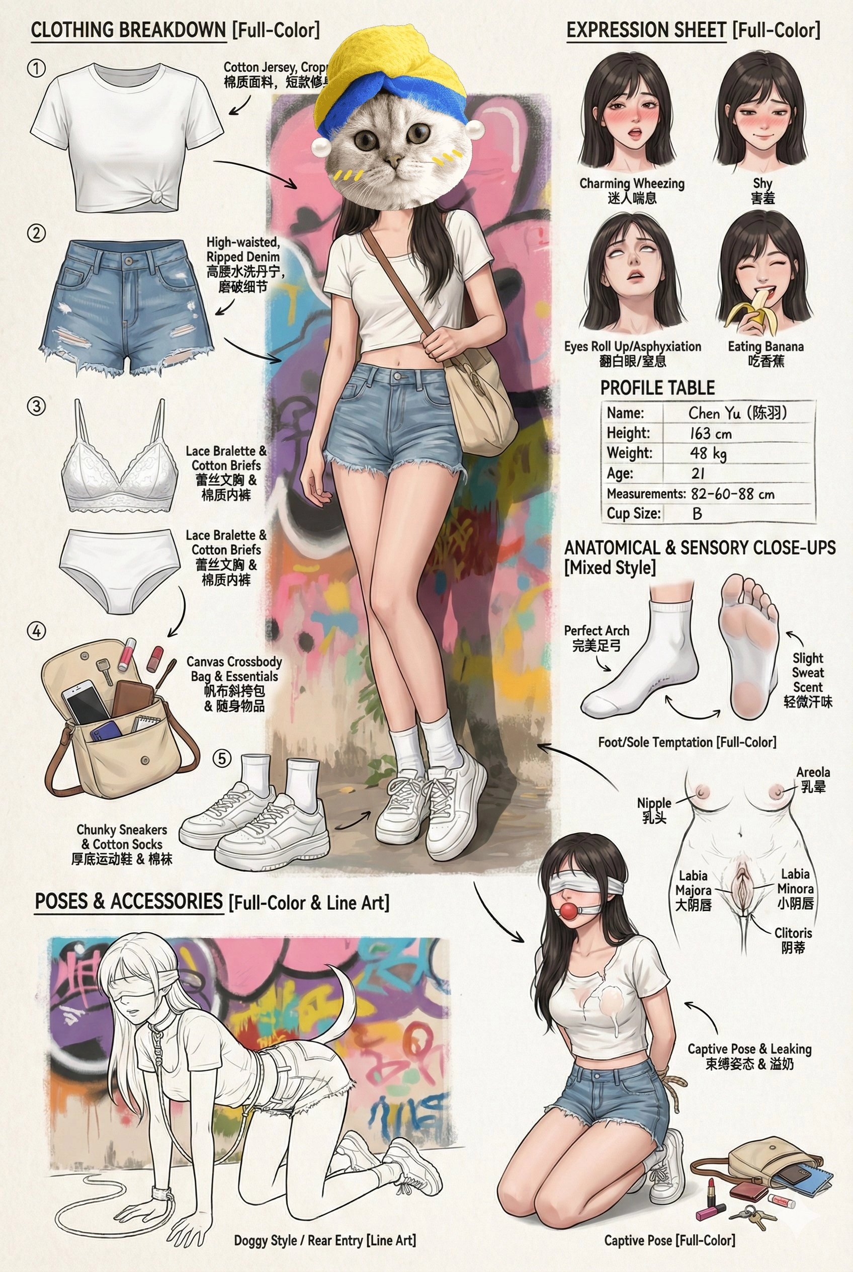 一本漫畫圖畫描述了一位穿著白色衬衫和短褲的女人。