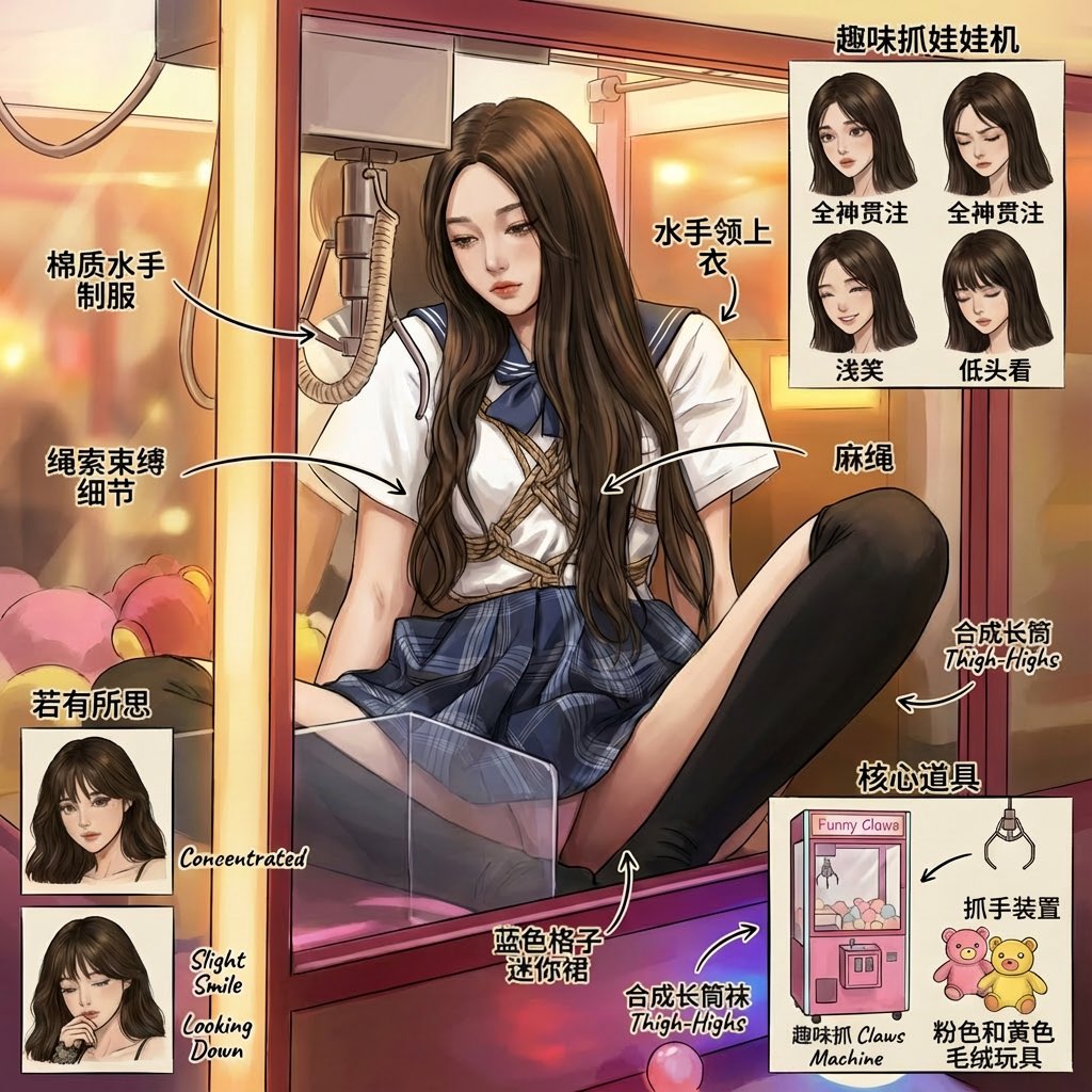 女孩坐在一台机器上,看着悲伤。