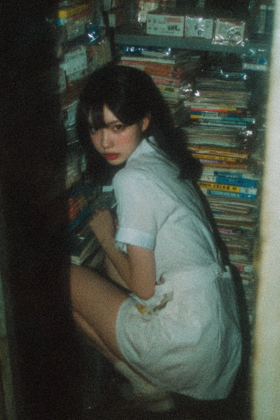 穿白色衣服的女人坐在书架上。