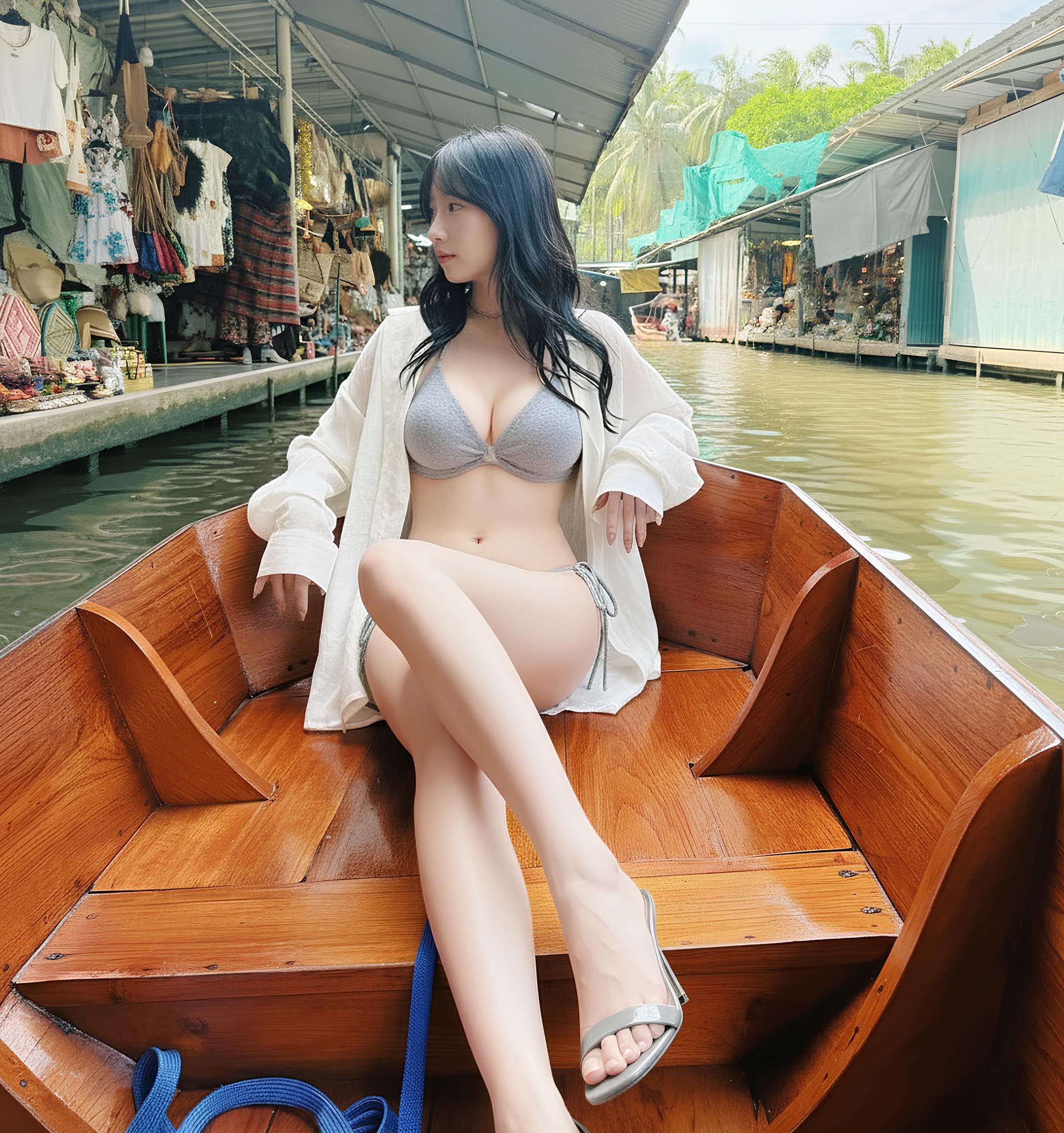 一位穿着比基尼的女人坐在船上。