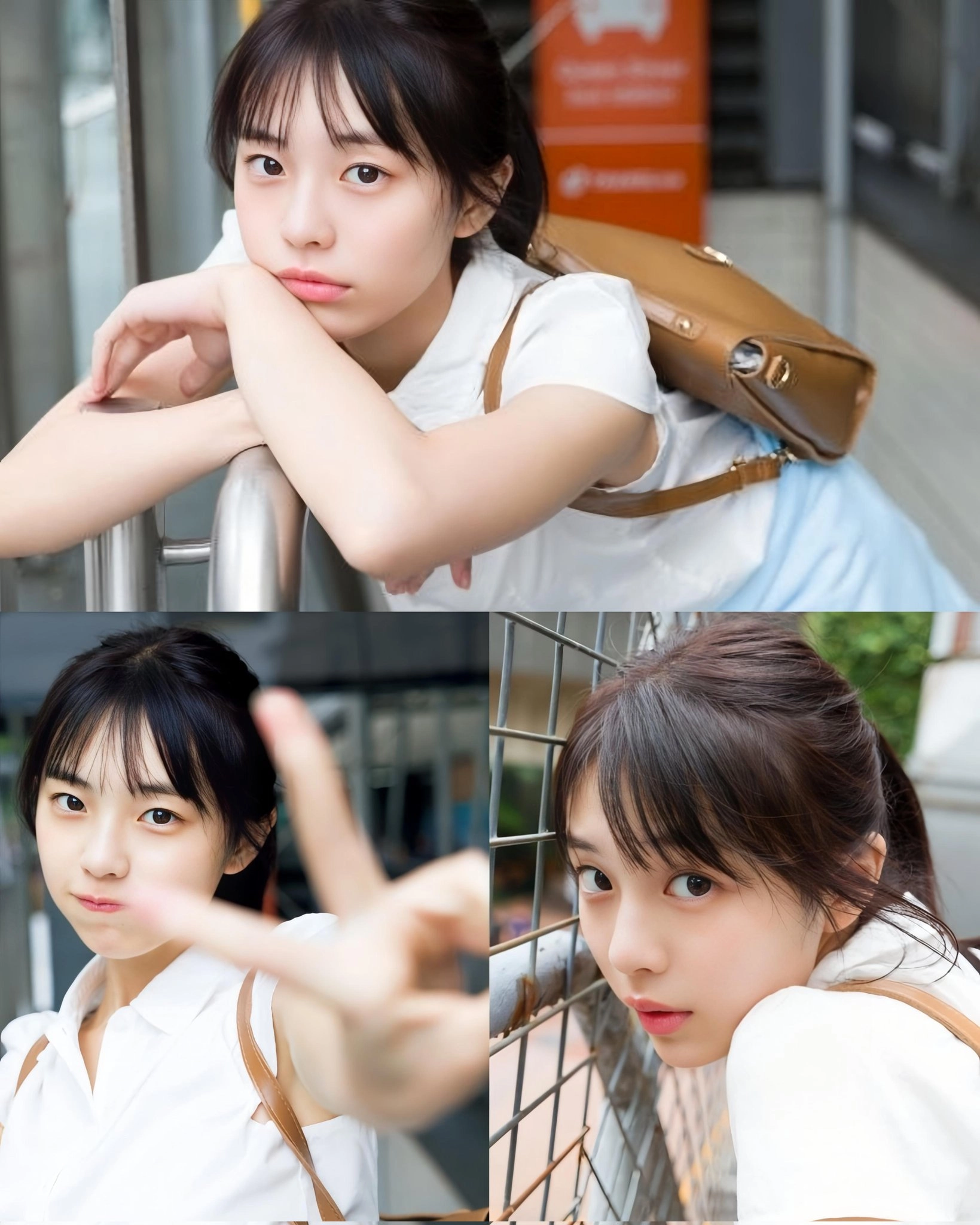 带着棕色钱包和一件白色衬衫的女孩。