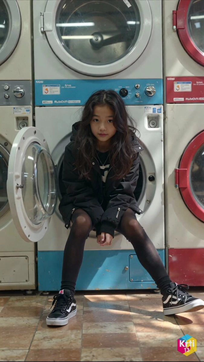 女孩坐在洗衣机里。
