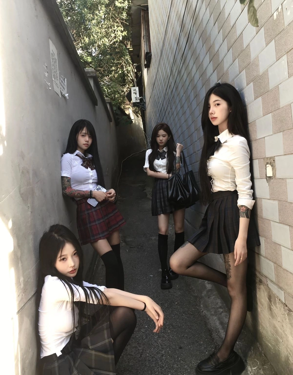 五个女孩在砖墙前拍一张照片。