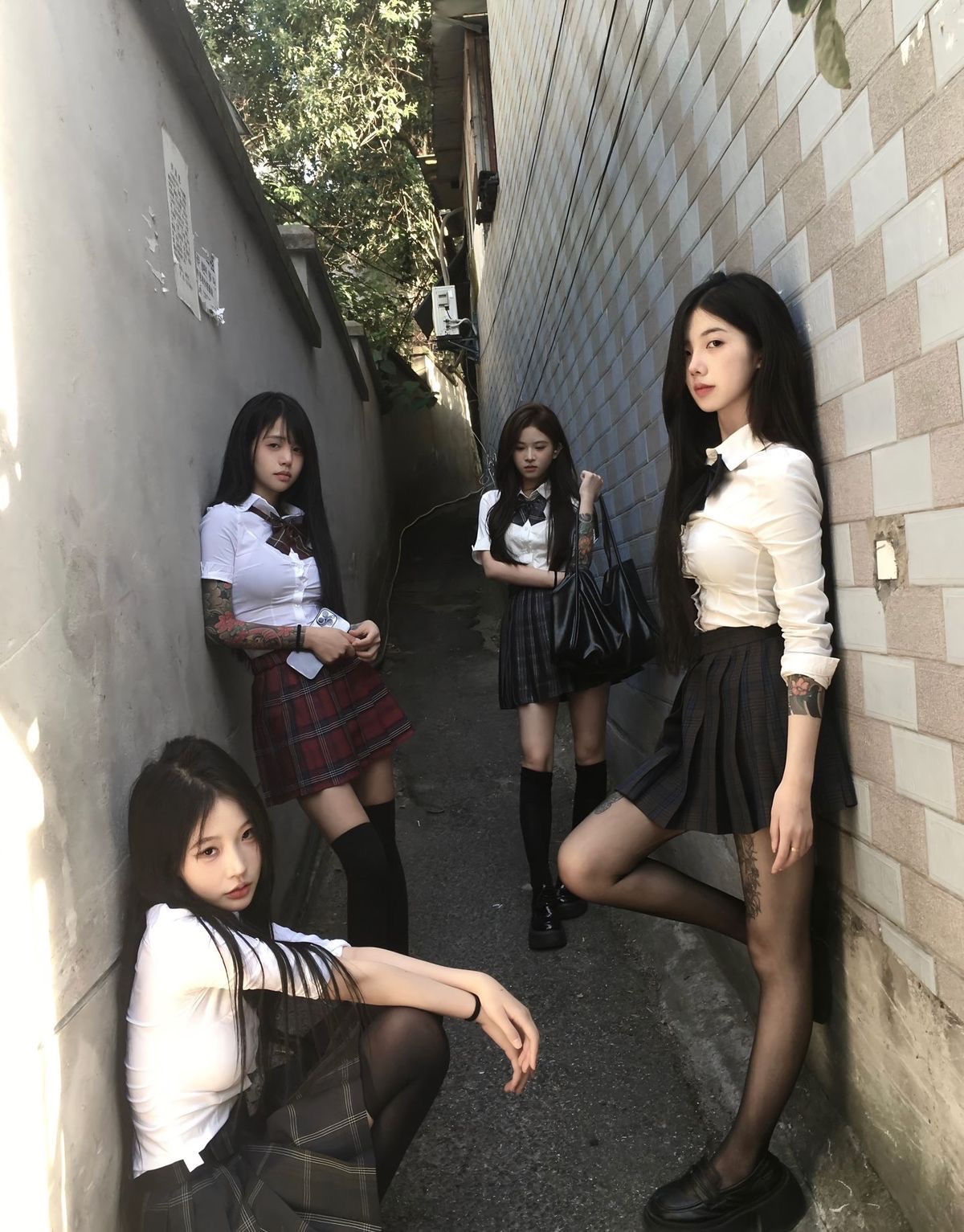 五个女孩在砖墙前拍一张照片。