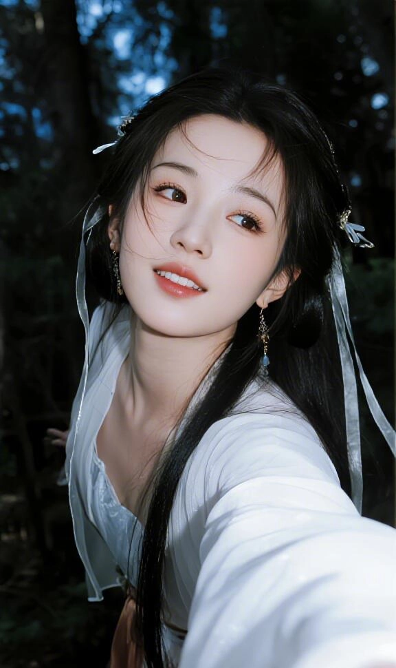 长黑头发和白色裙子的女人对相机微笑。