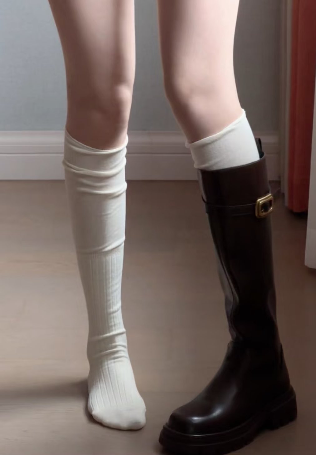 穿着白色袜子和棕色靴子的女人。
