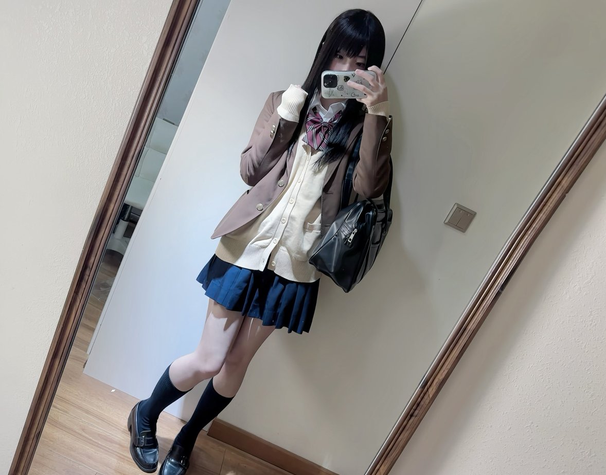 一位穿着棕色外套和黑色裙子的女人拍了一张自拍。