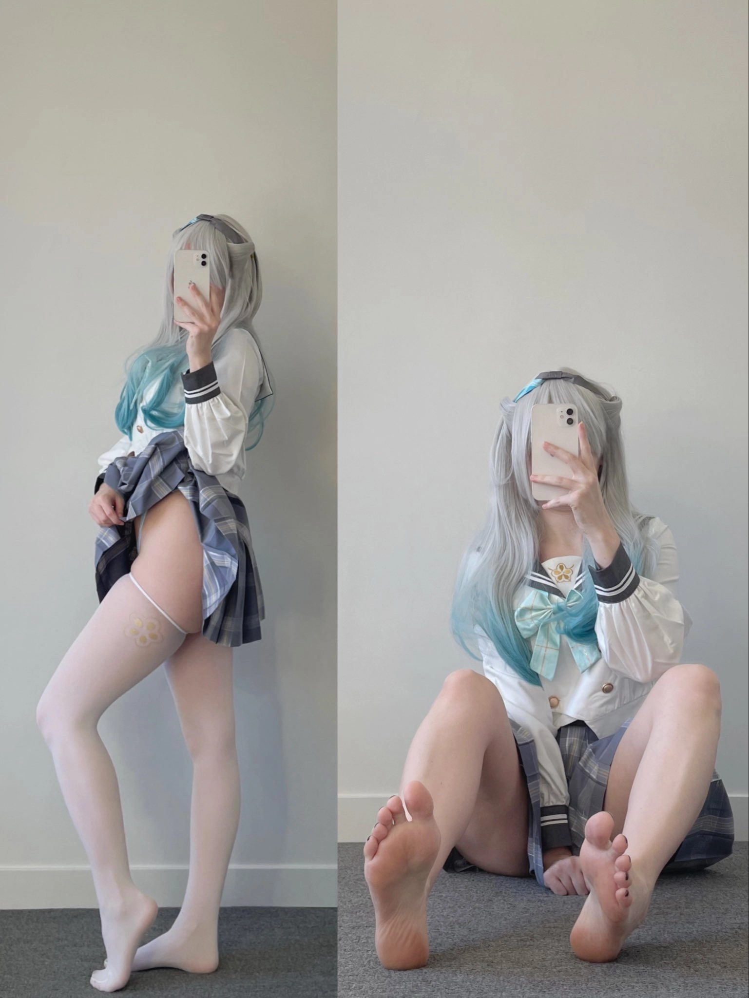 女人在一个学校女孩的服装中拍了一张自拍。