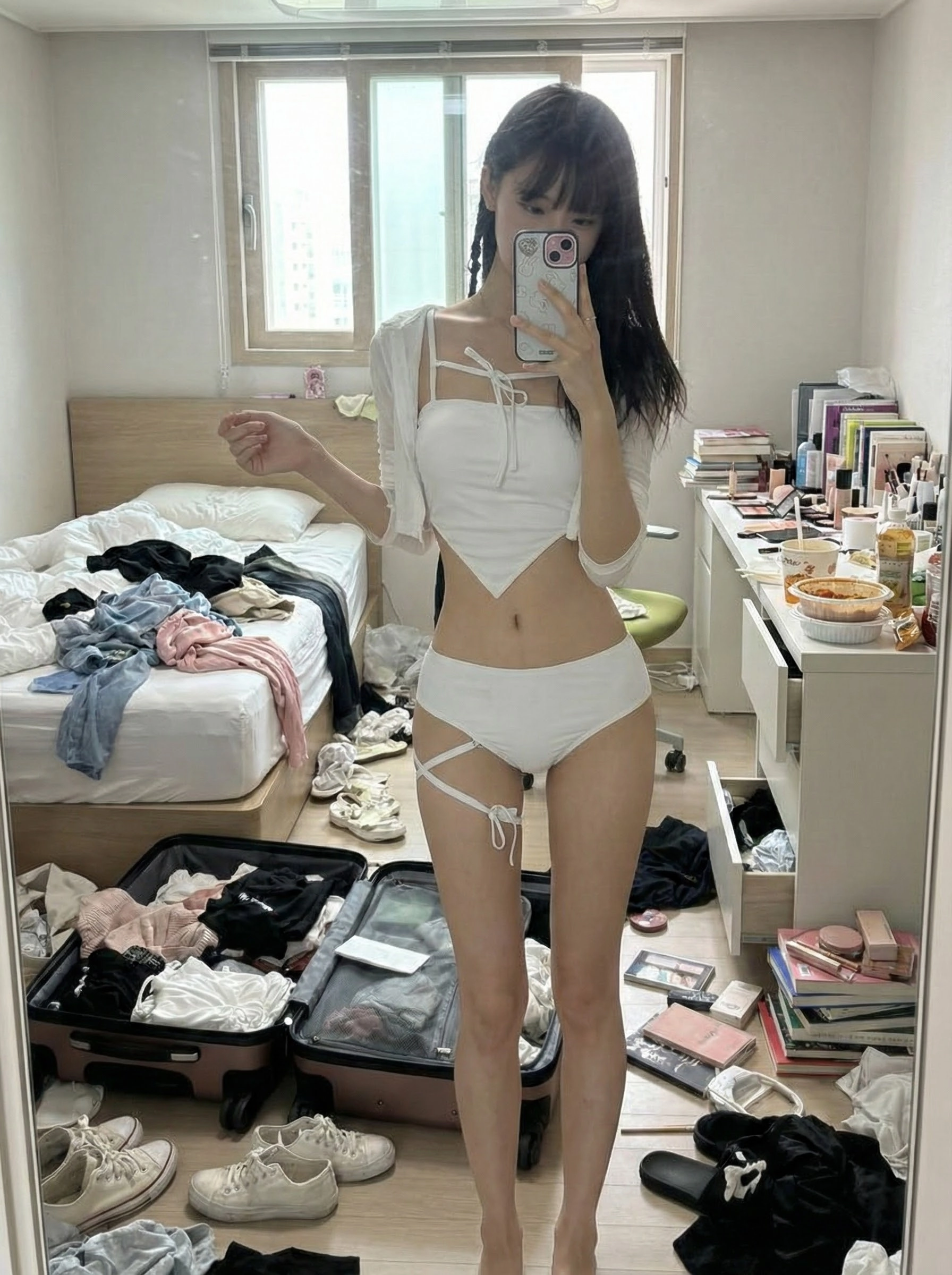 一位穿着白色泳衣的女人在一张混乱的床前拍自拍。