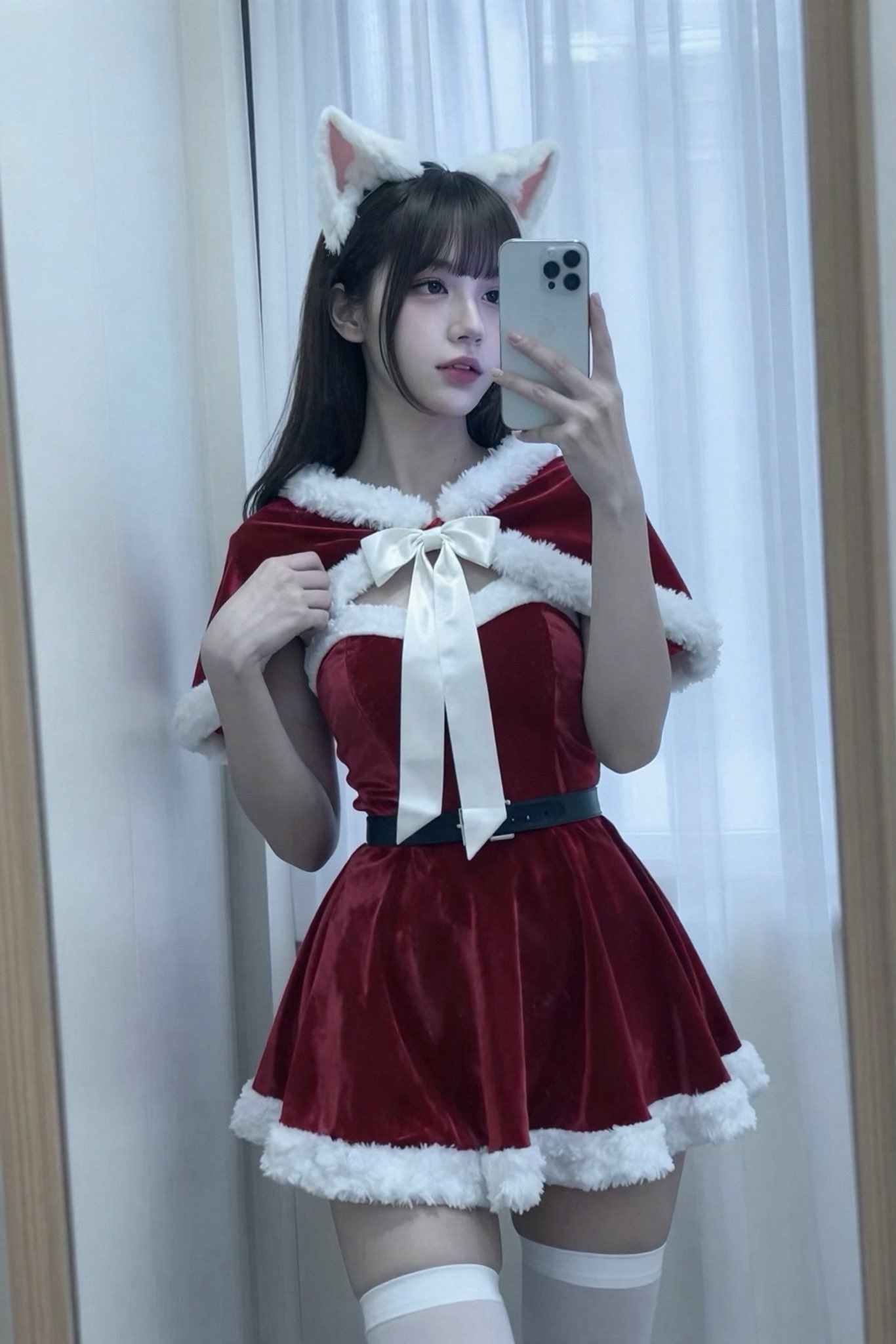 穿着红色圣诞老人裙子的女人拍了一张自拍。