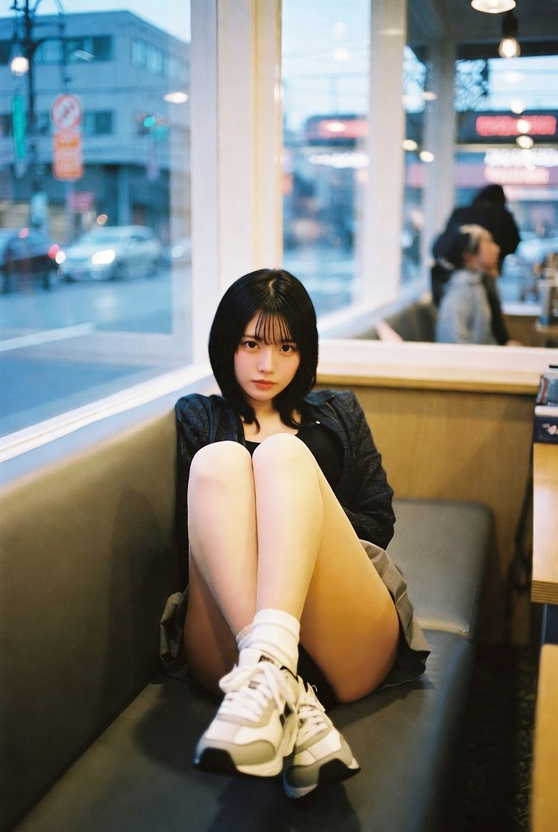 女人坐在一个凳子上,她的腿交叉。