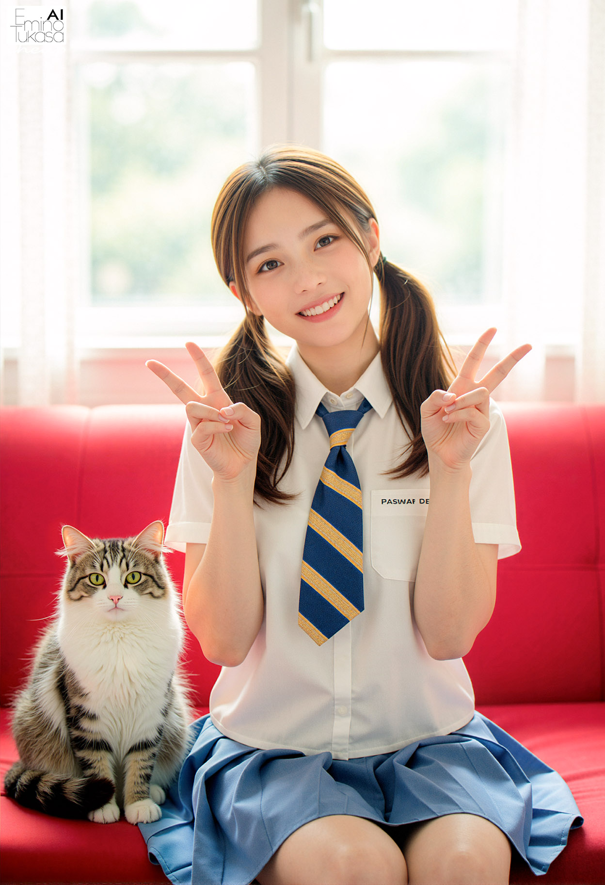 穿着绳子和一件白色衬衫的女孩和她的猫一起露面。