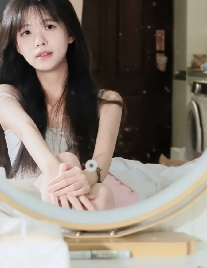 穿着白色衣服的女人坐在镜子前。