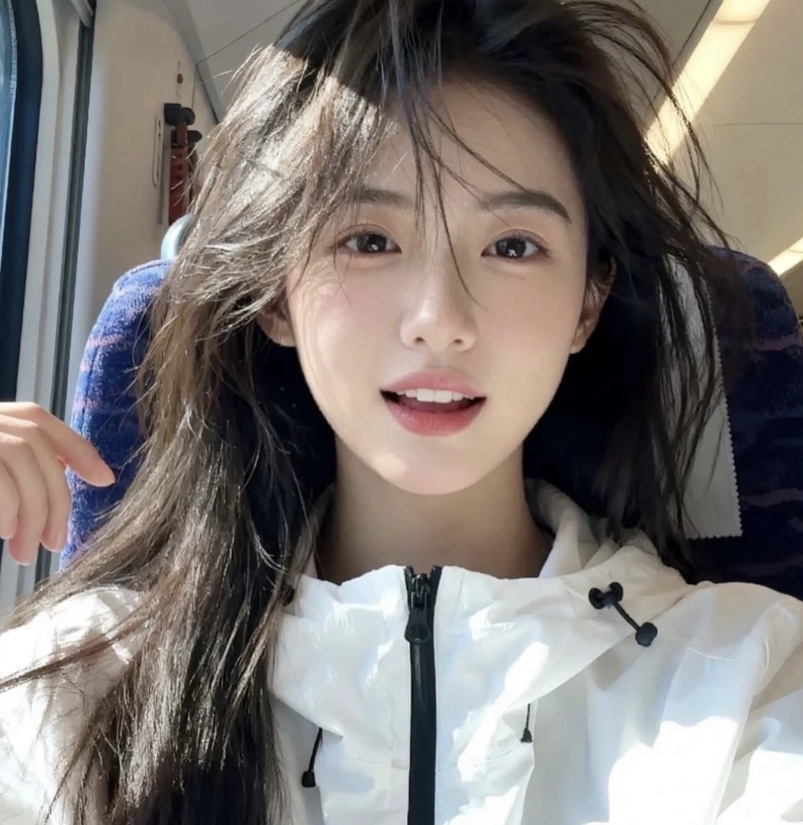 长头发和白色夹克的女人微笑。