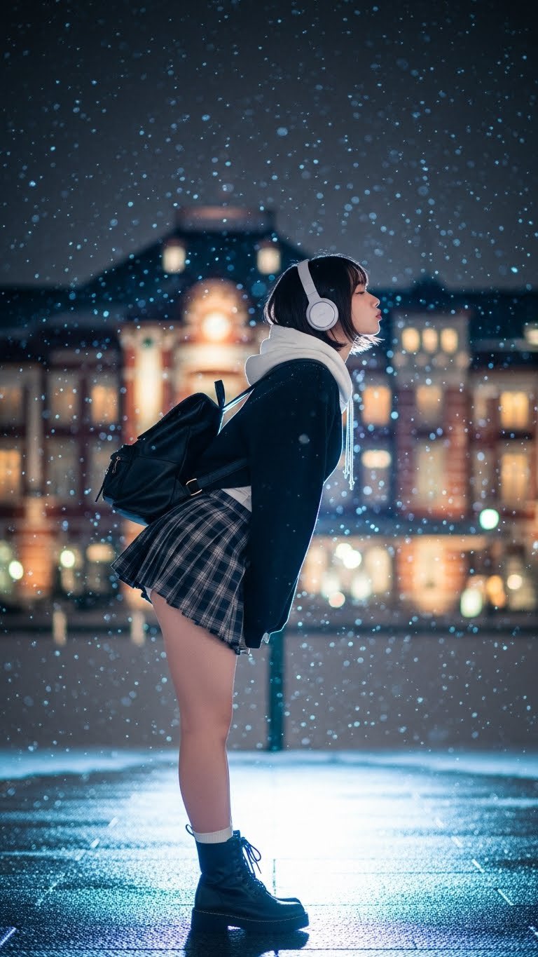 戴着耳机和一件黑色夹克的女人。