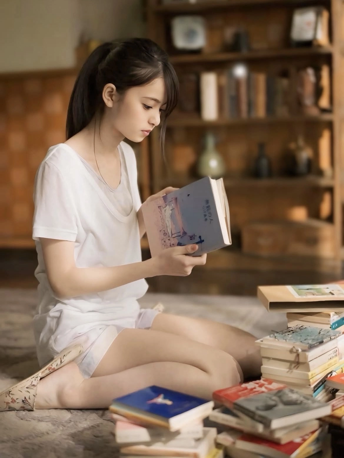 女人在被其他书包围时读一本书。