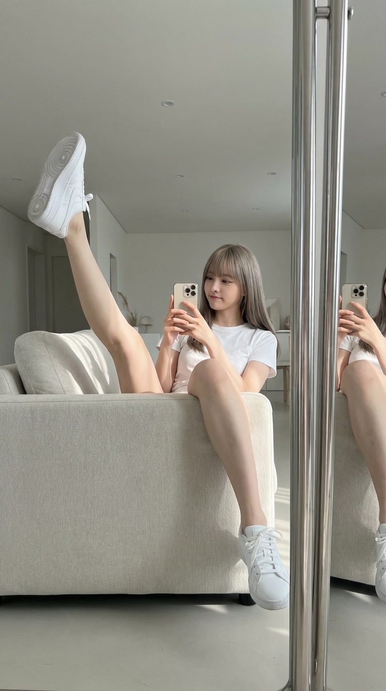 女人坐在沙发上,看着她的手机。