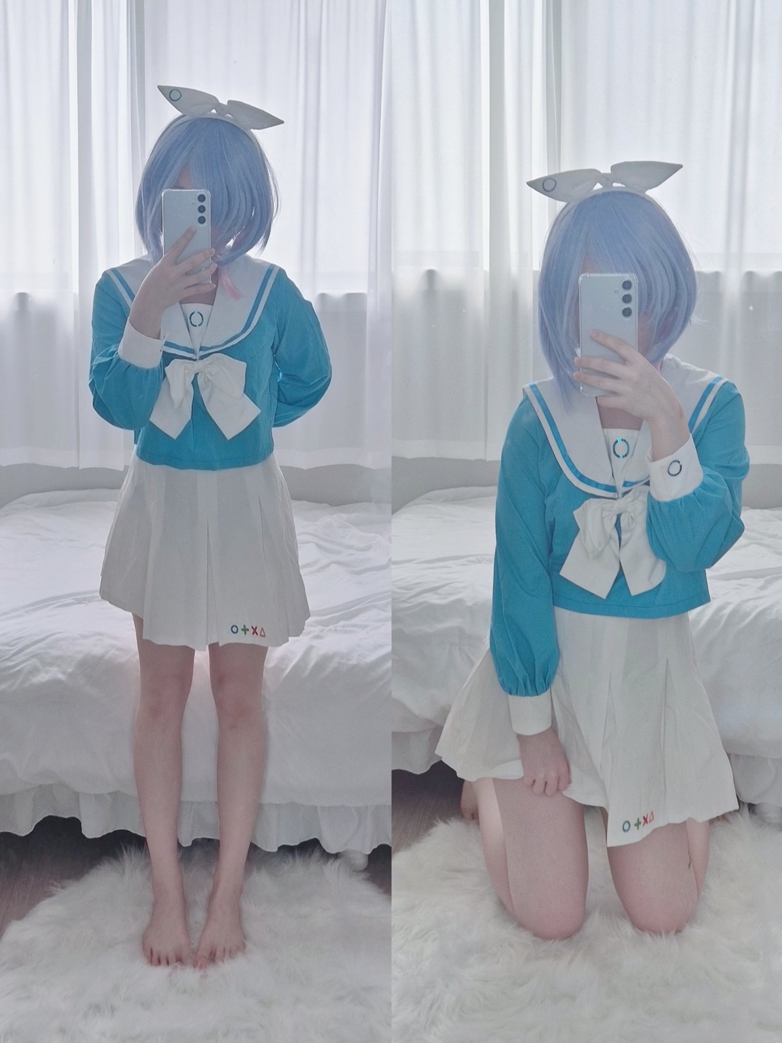 女人穿着蓝色裙子拍自拍。