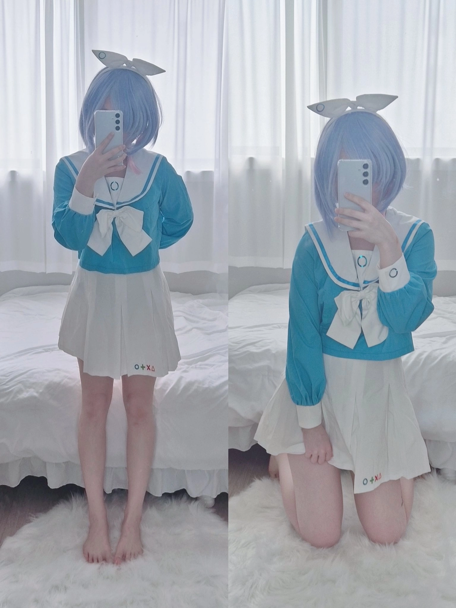 女人穿着蓝色裙子拍自拍。