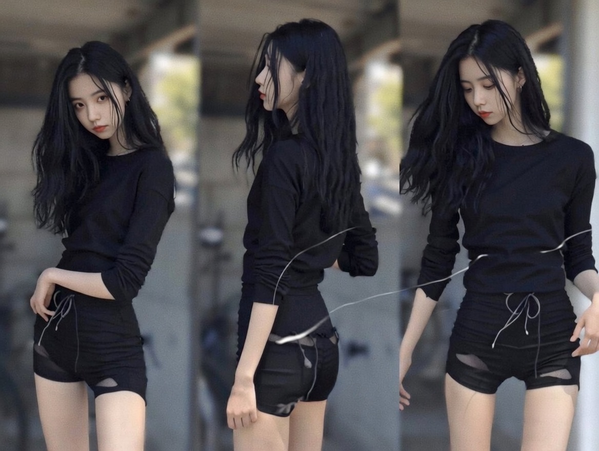 穿着黑色衬衫和黑色短裤的女人。