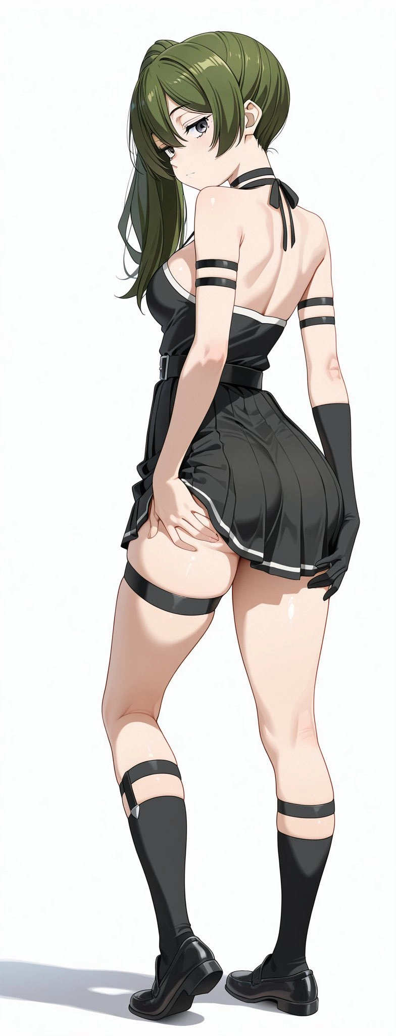 穿着黑色裙子和黑色手套的女人。