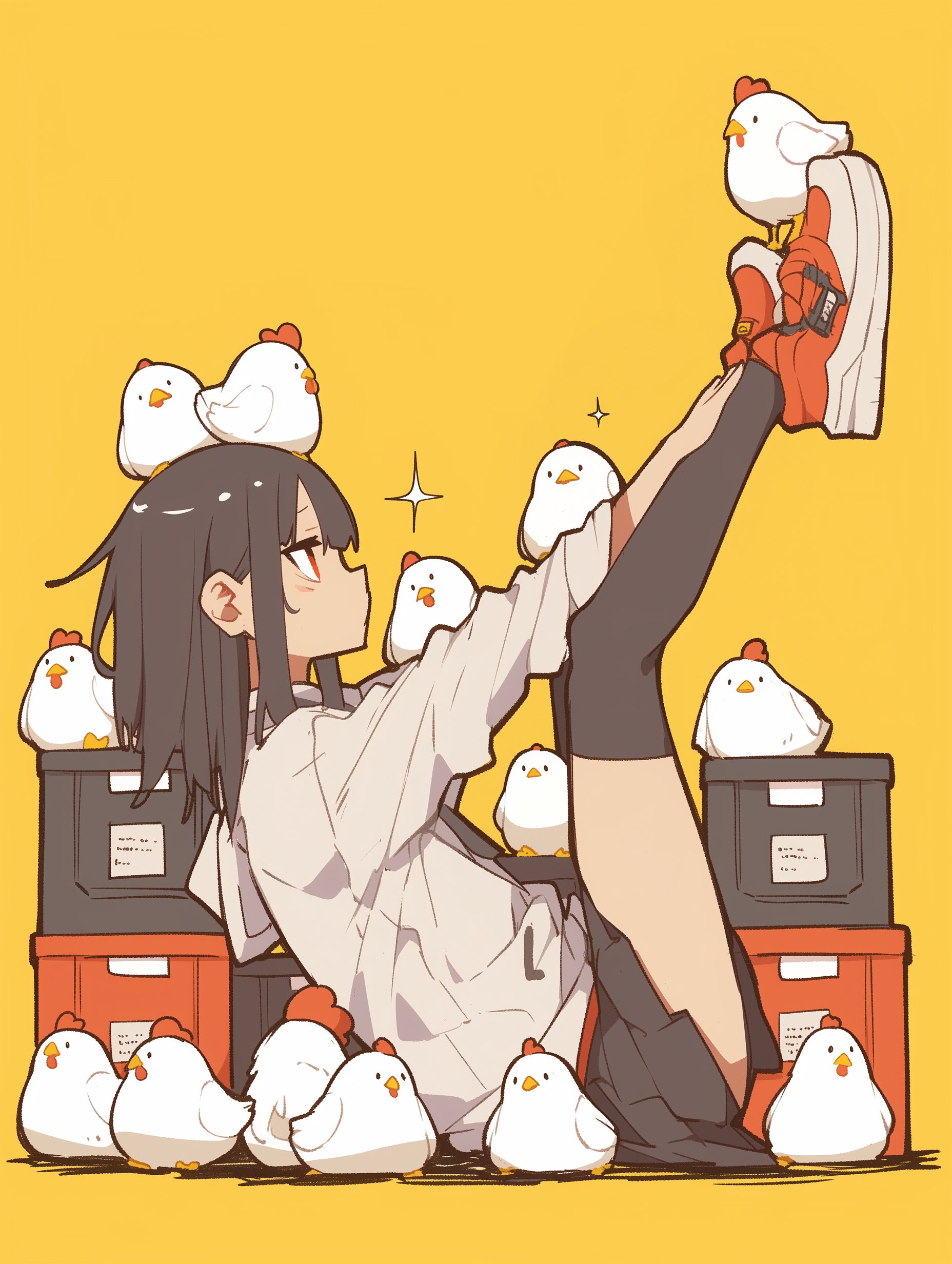 穿着白衬衫和黑裤子的女孩被鸡包围着。