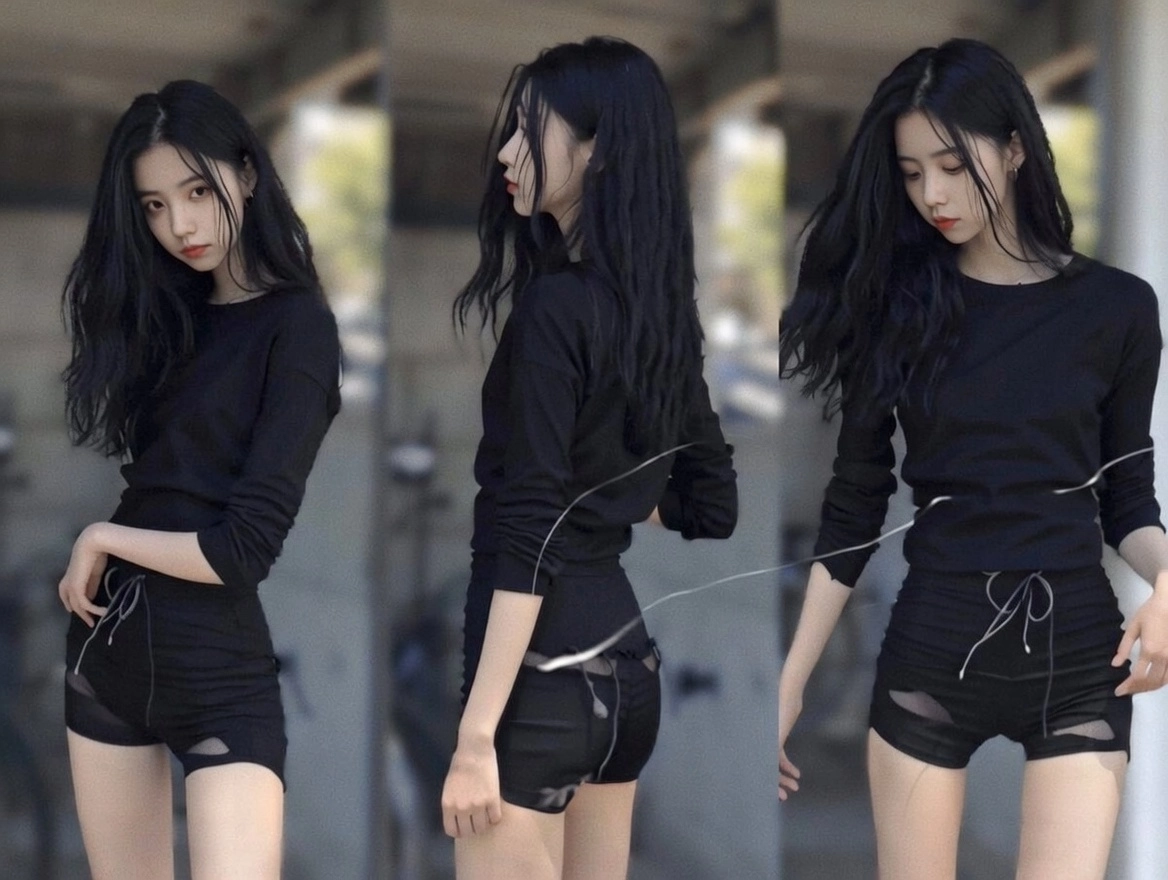 穿着黑色衬衫和黑色短裤的女人。