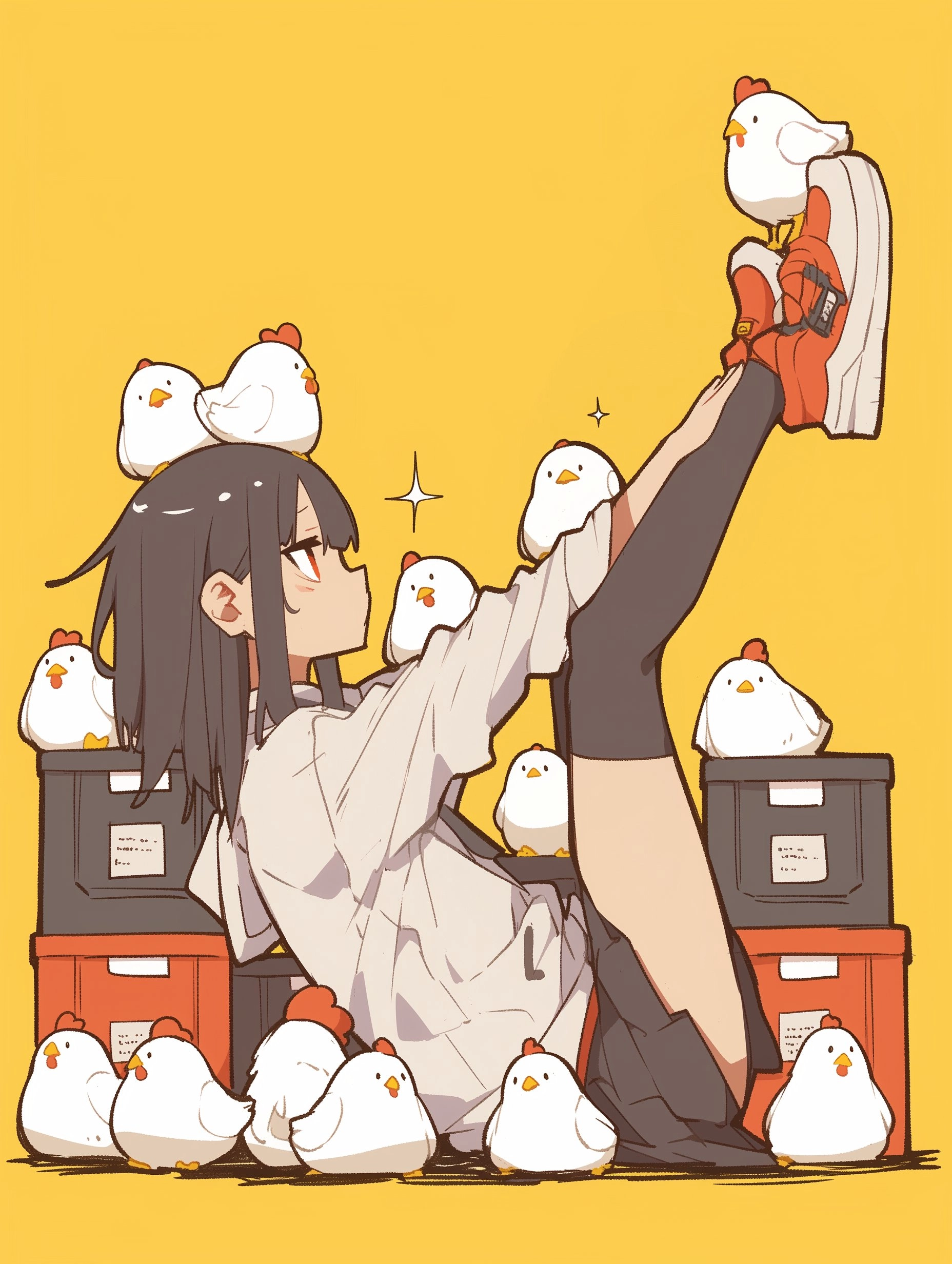 穿着白衬衫和黑裤子的女孩被鸡包围着。