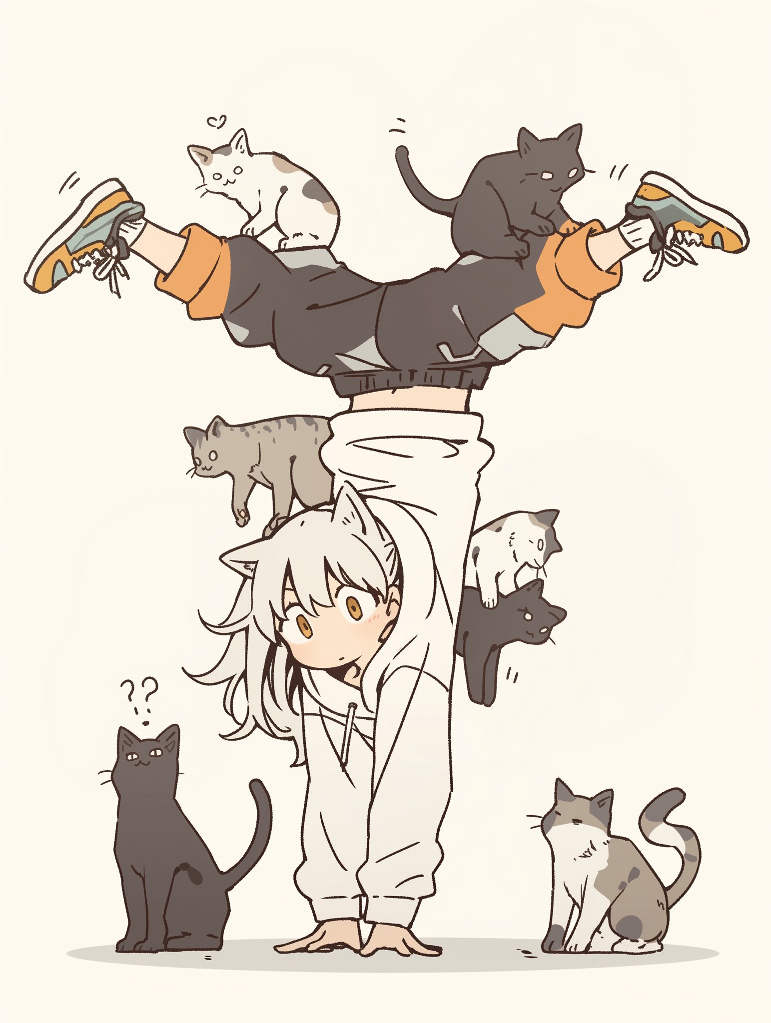 人正在做一个手掌,头上有猫。