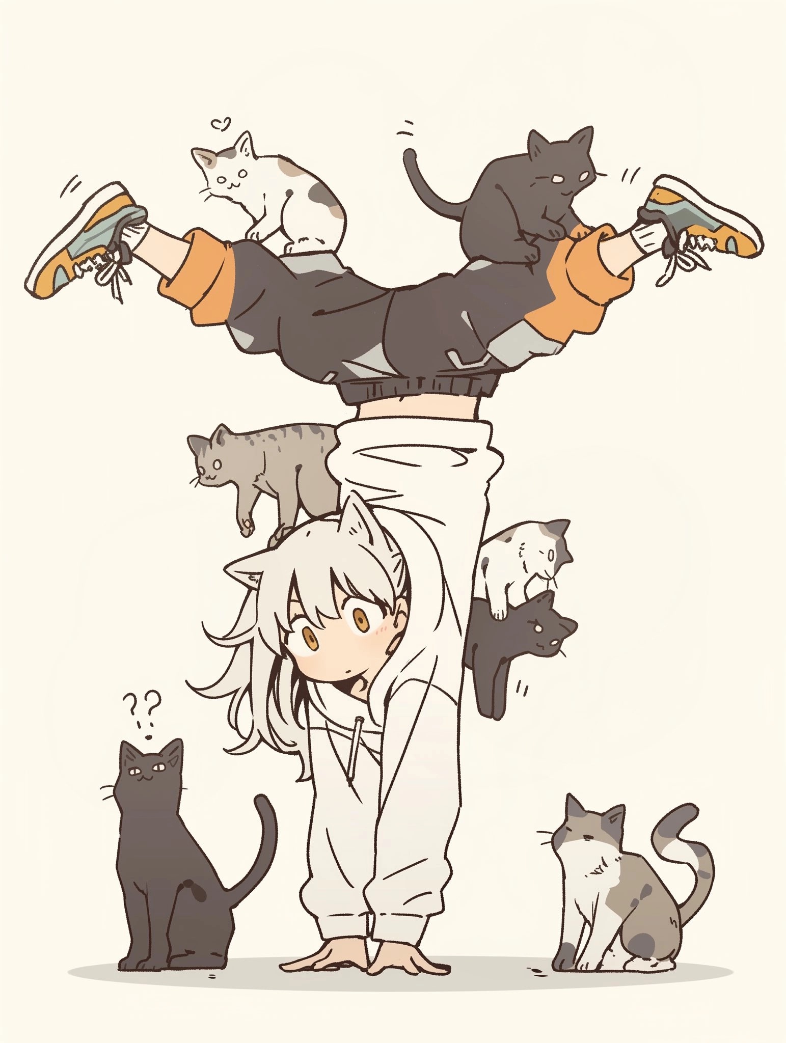 人正在做一个手掌,头上有猫。