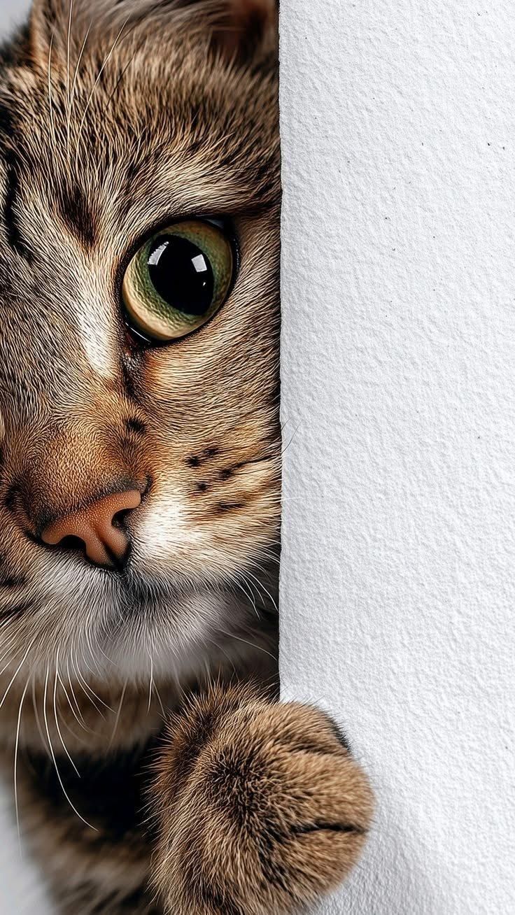 一只猫从墙后面跳出来。