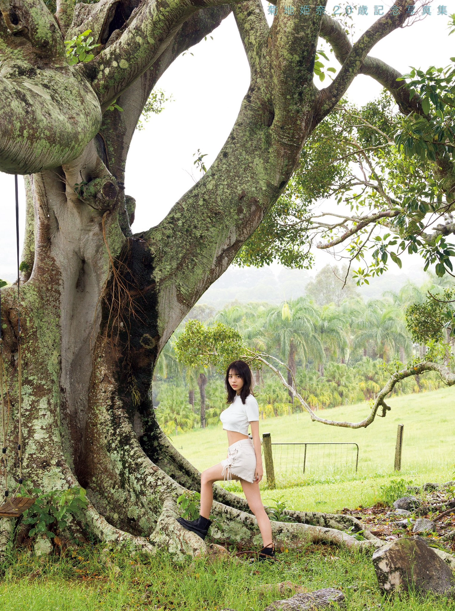 女人站在一棵大树前。