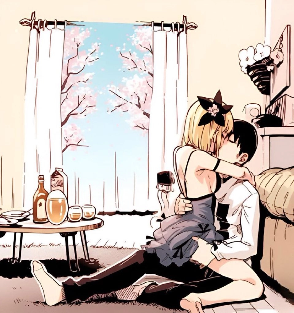 男人和一个女人在一个房间里接吻,桌子上有一瓶酒和一杯酒。