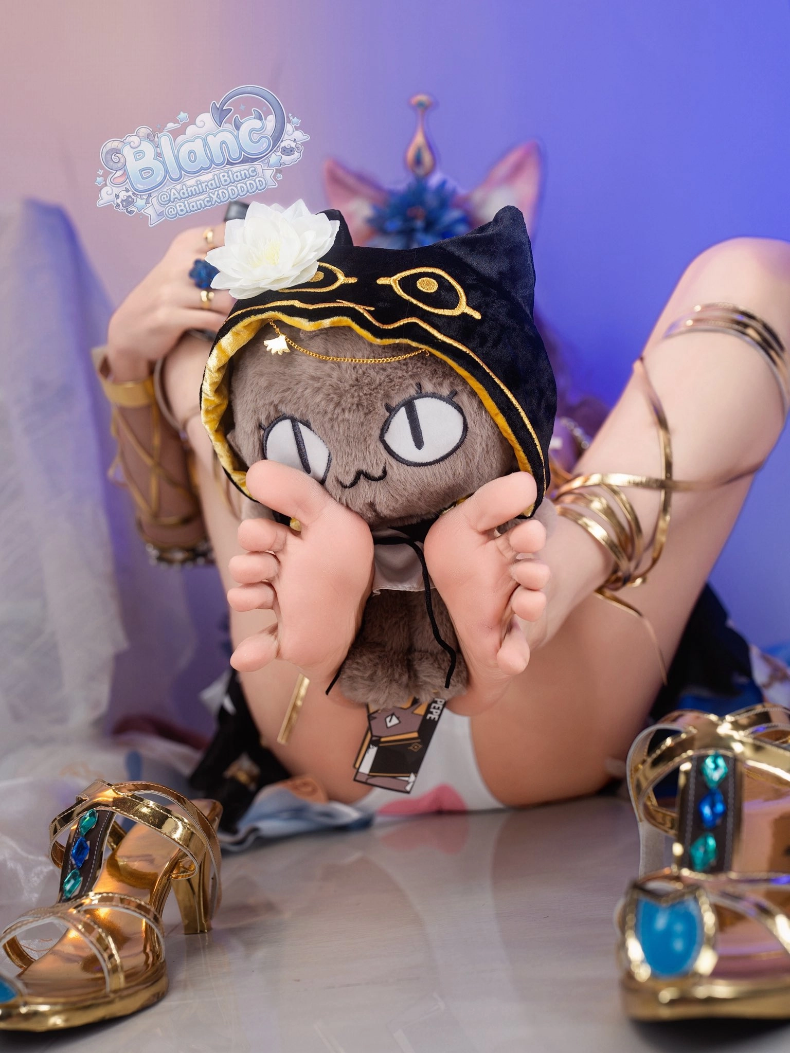 女孩带着一只猫在她的头上。