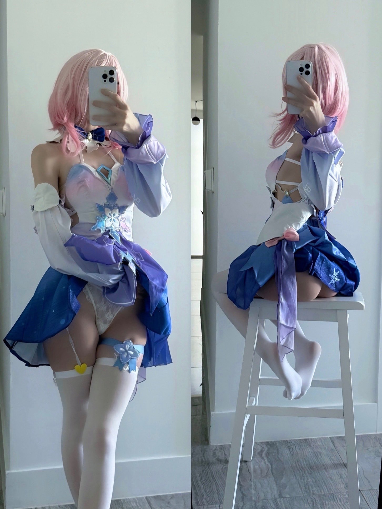 女人穿着裙子拍个自拍。