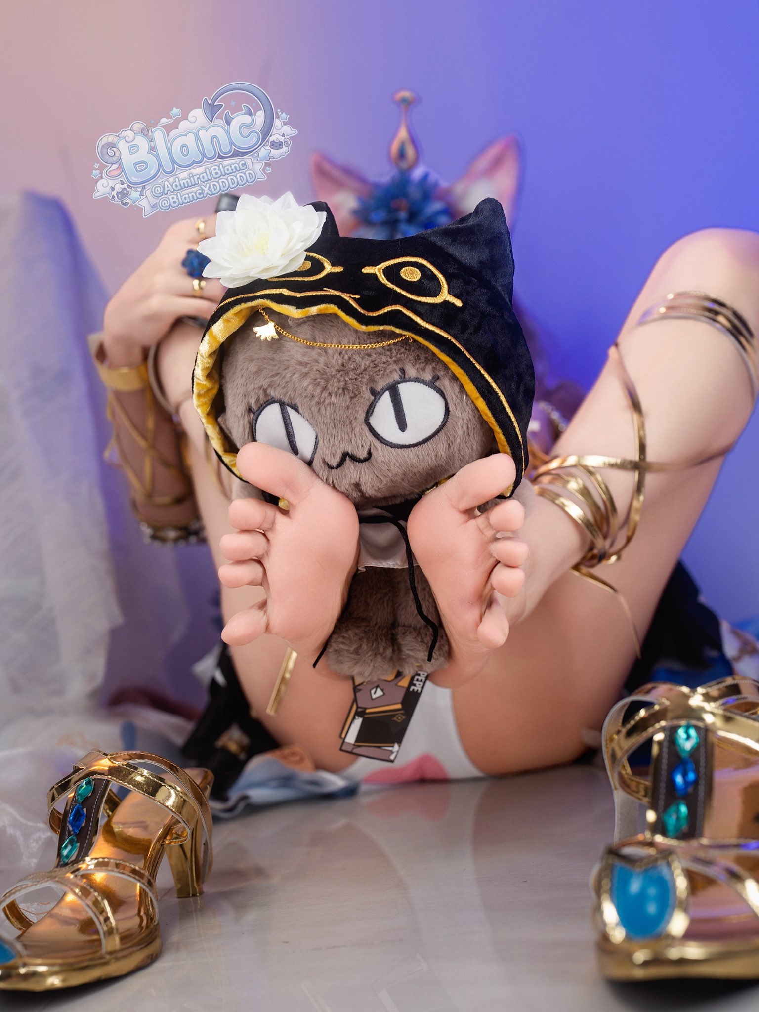 女孩带着一只猫在她的头上。