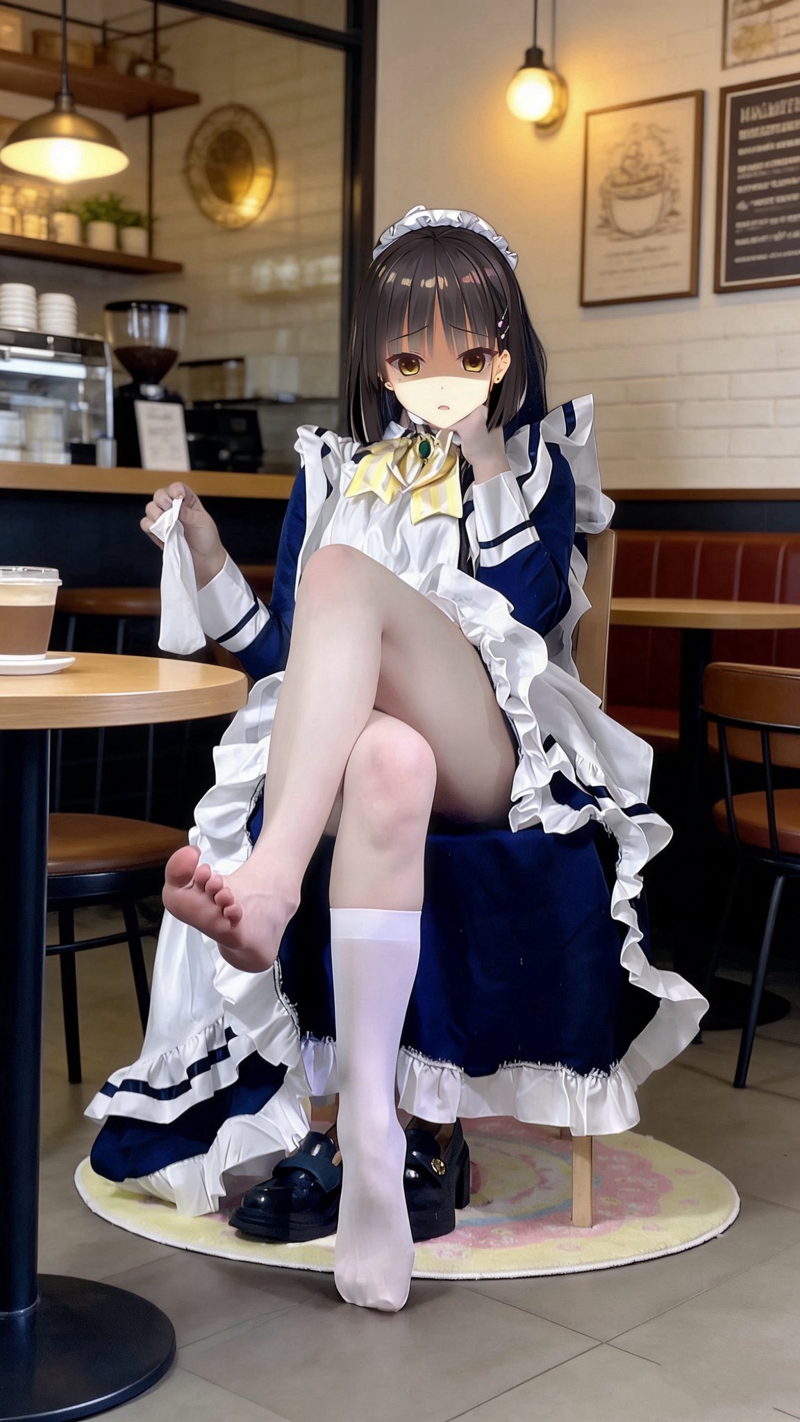 穿蓝色衣服的女人坐在桌子上。