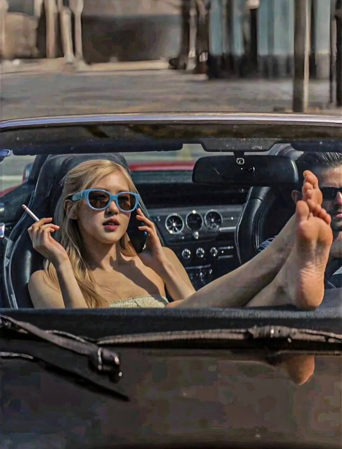 一名女士在手机上聊天时抽了一支香烟。