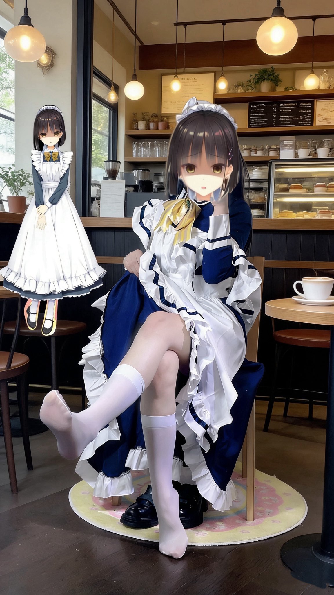 穿蓝色衣服的女人坐在桌子上。