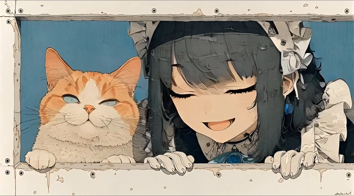 女人和一只猫看着对方。