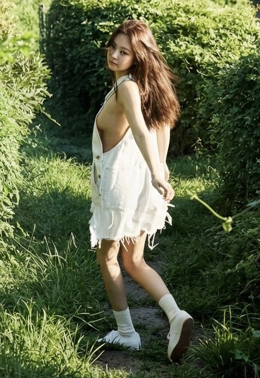 穿着白色衣服的女人穿过一个田野。