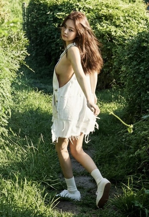 穿着白色衣服的女人穿过一个田野。