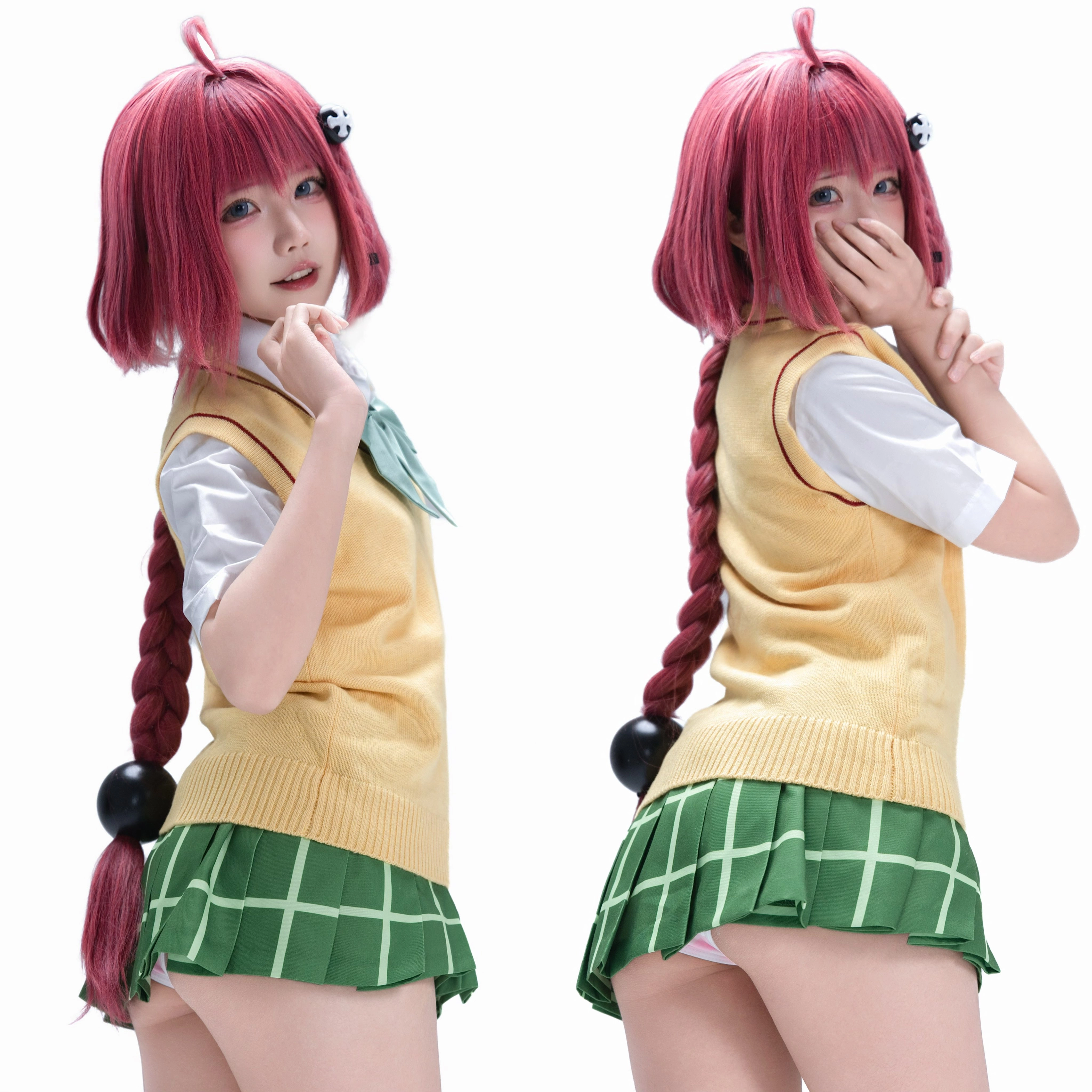 两个女孩长的头发和绿色和白色衬衫。