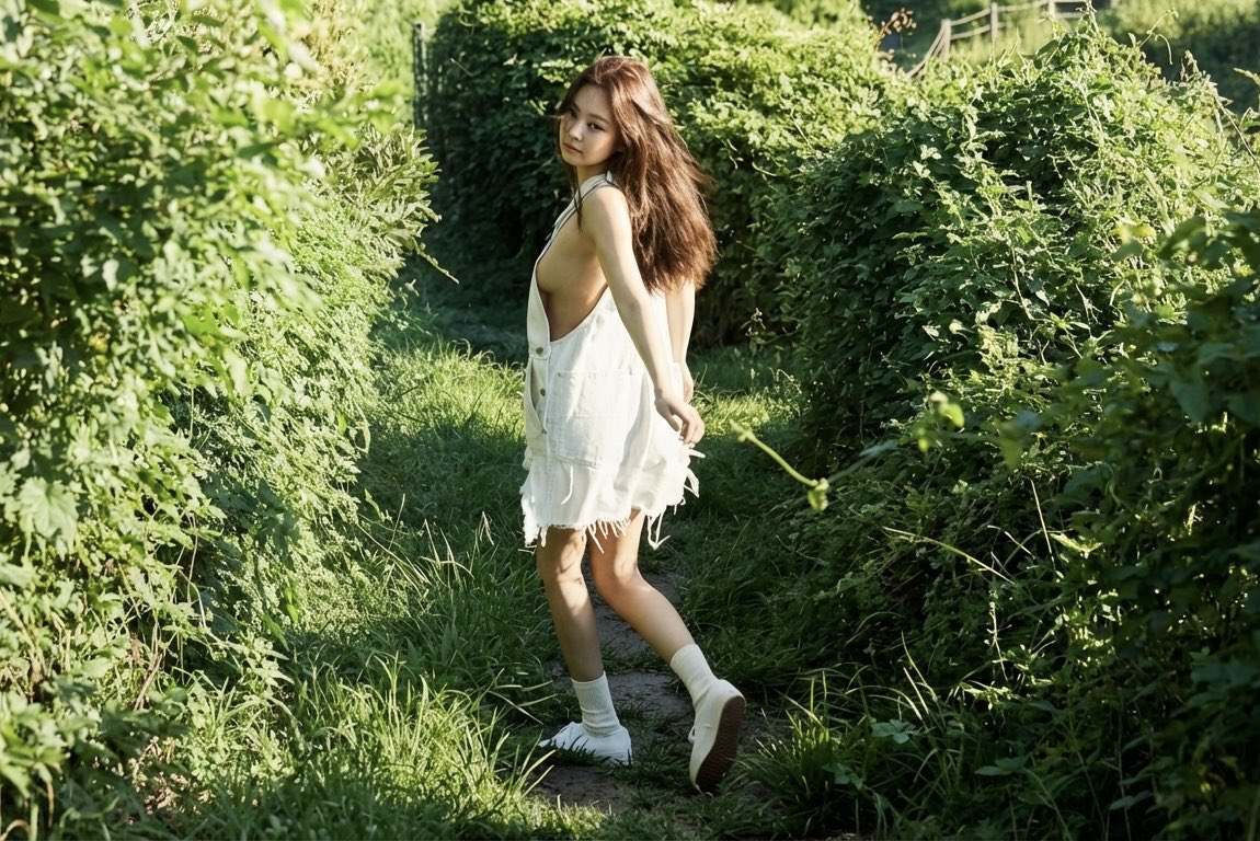 一位穿着白色衣服的女人穿过森林。