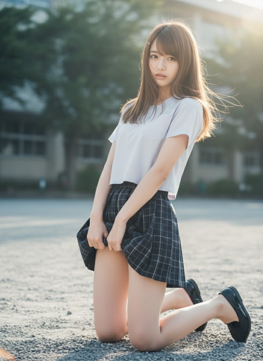 穿着一件白色衬衫和一件白色的裙子的女孩。