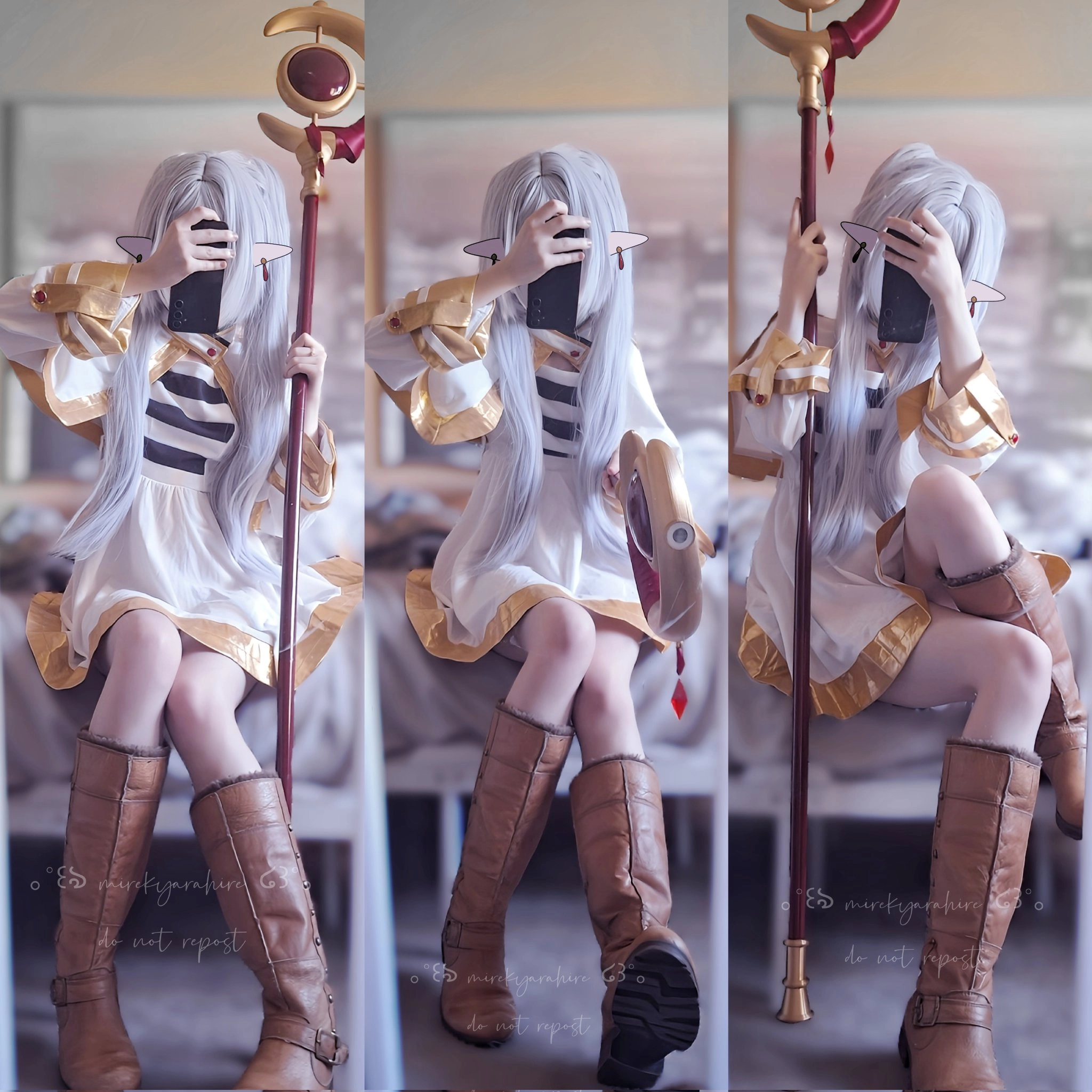 一位穿着白色裙子和棕色靴子的女人拿着手机。