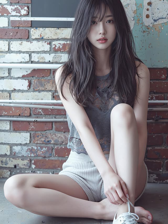 长头发的女人和一个灰色的坦克顶部。