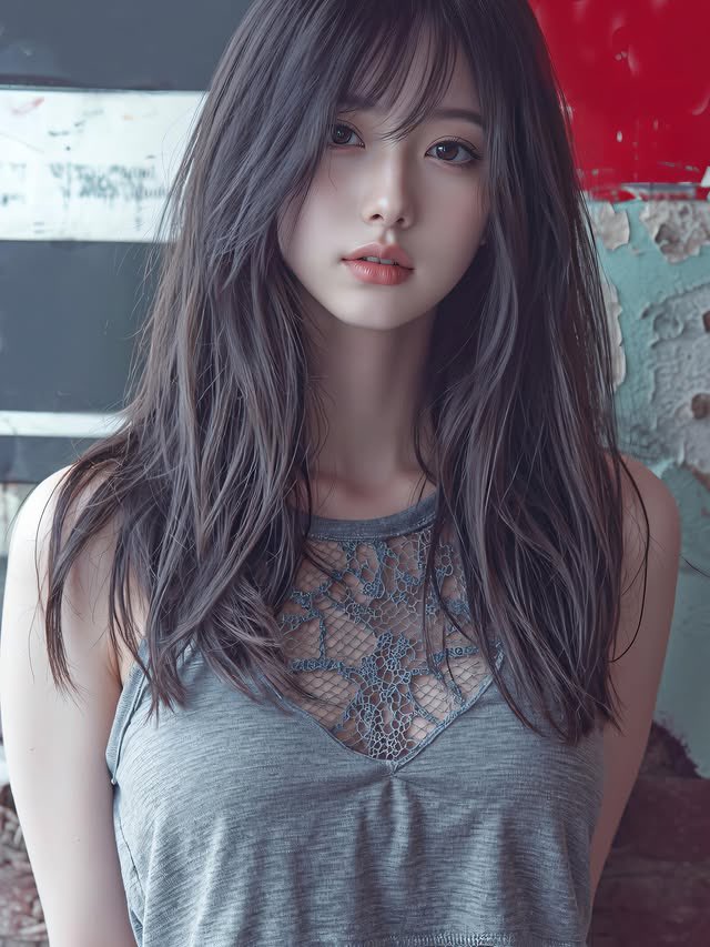 长头发的女人和一个灰色的坦克顶部。