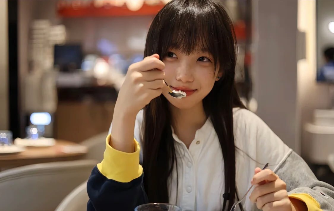 女孩吃了一碗食物。